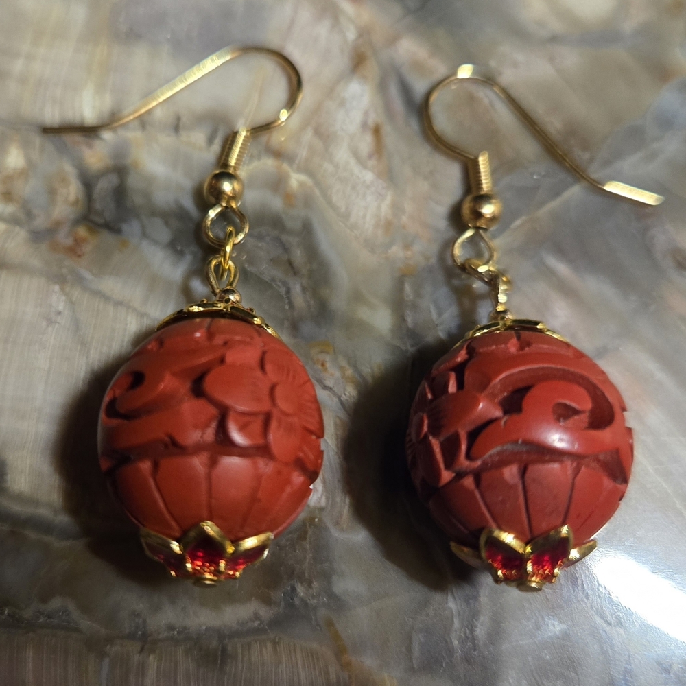 Vintage Carved Cinnabar Earrings With Cloisonne Accents.